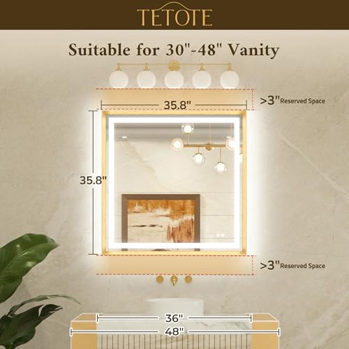 TETOTE Led Bathroom Mirror 36 x 36 with Brushed Bright Nickel Frame Anti-Fog Frontlit & Backlit Vanity Mirror Stepless Dimmable 3 Colors White/Warm/Natural Wall-Mounted