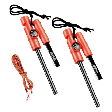 AOFAR Fire Starter AF-381 Fire Steel 5-in-1 for Camping, Hiking, Hunting, Backpacking, Boating, Outdoor Magnesium Survival Rod with Fire Paracord, Compass and Whistle, Waterproof (2-Pack)… Cover