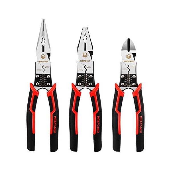 MAXPOWER Zangenset, 3-teilig Kombizange/Spitzzange/Seitenschneider mit Funktion von Abisolierzange/Crimpzange/Drahtschneider zum Abisolieren, Crimpen, Schneiden und Polieren Verwendet Werden