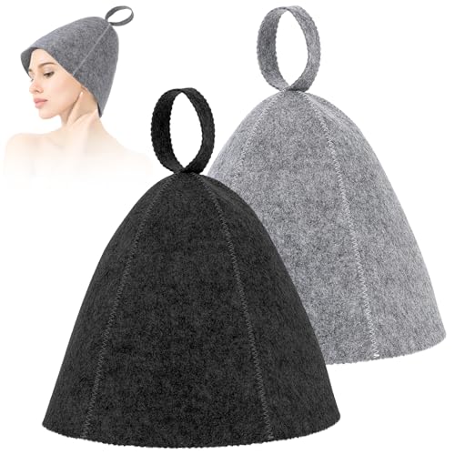 Lot de 2 bonnets de sauna en feutre de laine - Bonnet de sauna doux - Bonnet en feutre absorbant - Accessoire de sauna pour homme et femme - Protection de la tête - Taille universelle (gris, noir)