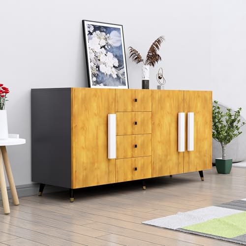 Image of Bniture Storage Cabinet Wooden for Living Room Sideboard with 4 Drawer and 3 Door | Storage Organizer Chest of Drawer Cabinet for Home Hallway Drawing Room Bedroom Kitchen | Slate Grey & Giant Wood