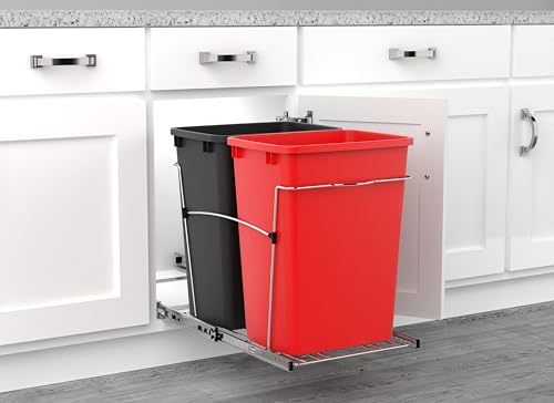 Image of Rev-A-Shelf RV-18KD-1618C-S Double Pullout Trash Can for Kitchen Cabinets 35 Qt Garbage Recycling Bin on Full Extension Slides, Red /Black