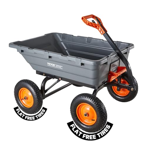 Image of VEVOR 10 Cu.Ft 1500LBS Poly Garden Cart Dump Wagon, Heavy Duty Wheelbarrow with Convertible Handle and 16 inch Flat Free Tires, Outdoor Yard Wagon ATV Trailer Dump Cart Tow Behind for Lawn Mower Tractor