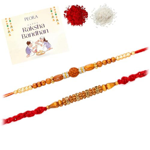 Image of Peora Rakhshabandhan Thread Rakhi for Brother Bhaiya | Kundan Beads & Crystal Studded | Combo Set of 2 | Rakhi Hamper Roli Chawal & Greeting Card