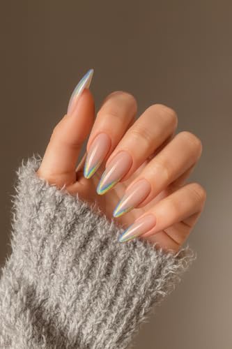 Image of 24 Pcs Reusable Artificial Nails Fake Nails with Glue and Kit |Holo Nude Muse Rainbow reflect Press On Nails | ABS Material UV Protected Long Lasting Finish | Reusable Customizable Nail Kit |Medium Almond Nails