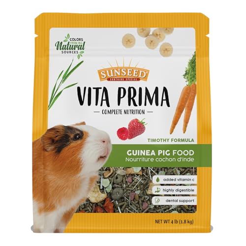 Sunseed Vita Prima Guinea Pig Food 4 lbs. with Timothy Hay Alfalfa Vegetables Seeds Grains and Added Vitamin C for Wholesome Daily Nutrition and Enriched Small Animal Diet