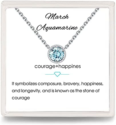 Presentski Birthstone Pendant Necklace 925 Sterling Silver - Single Round Cubic Zirconia Crystals Gemstone Birthstones Necklaces Gift for Women Girls