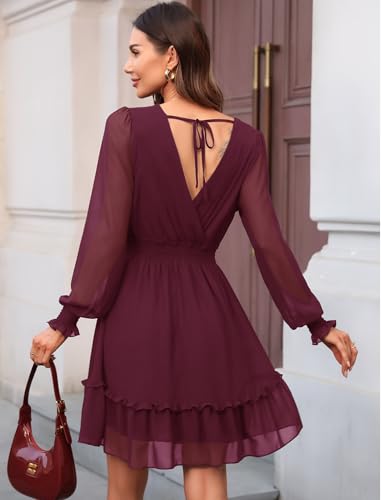 Image of Prettywear Women's Spring Summer Chiffon Long Sleeve Wedding Guest Dresses 2025 Casual Flowy Wrap Neck Mini Dress WineRed