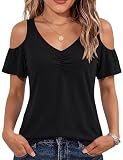 Micoson Women Fancy V Neck Tops Flutter Sleeve Soft Cold Shoulder Tunic Cut Out Spring Pleated Blouse Outwear Black L