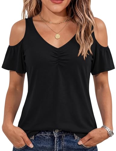 Micoson Women Fancy V Neck Tops Flutter Sleeve Soft Cold Shoulder Tunic Cut Out Spring Pleated Blouse Outwear Black XL