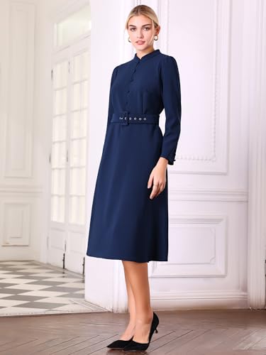 Women's A-Line Church Dress Long Sleeve Mock Neck 2025 Fall Vintage Work Flare Dresses3