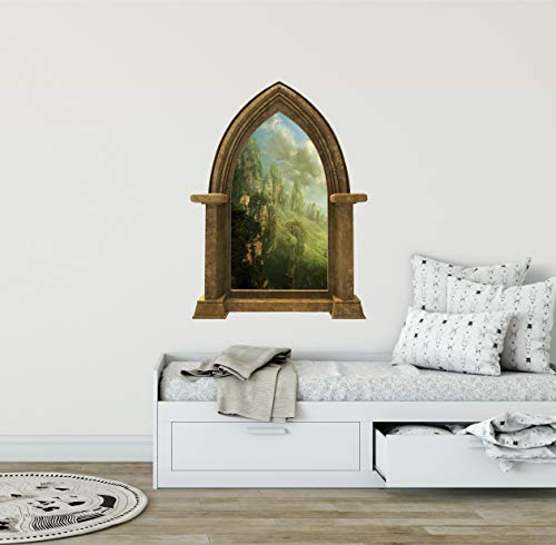 24" Castle Scape Rock Towers #1 Sandstone Stone Castle 3D Window Wall Decal Sticker Mural Kids Bedroom Playroom Medieval Fantasy Fairytale Peel And Stick Decor #TOP23