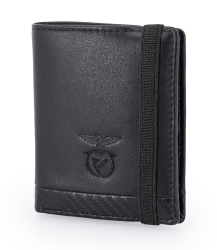 SL Benfica - Cartera elástica de piel y carbono, 10,5 x 7,5 x 1,5 cm. Múltiples ranuras para Tarjetas y Solapa con ventana para Documentos Foto. Compartimento para billetes., Negro , 10,5 x 7,5 x 1,5