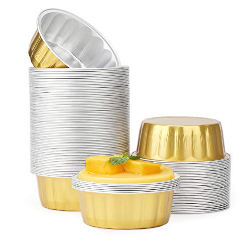 Aluminum Ramekins, Beasea 8 oz 100 Pack Disposable Ramekins Foil Cups Baking Utility 3.9" Ramekin Cup Muffin Cupcake Aluminum Baking Cup Mini Pudding Souffle Cups for Party Wedding Birthday - Gold