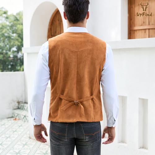 Men's Suede Leather Vest V Neck Artificial Retro 5 Button Casual Slim Fit Suit Vest Western Cowboy Style Sleeveless Jacket4