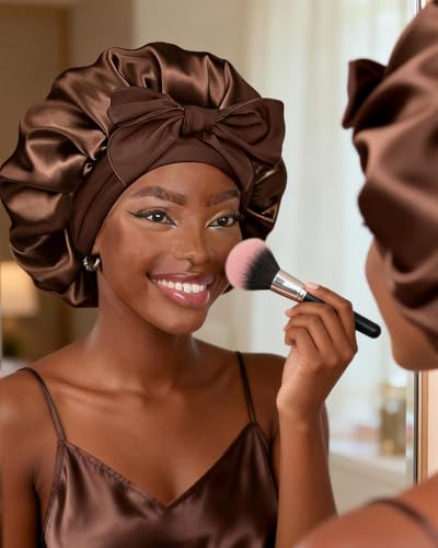 YANIBEST Satin Bonnet for Sleeping, Double Layer Satin Lined, Tie Band, Women's Brown, Large