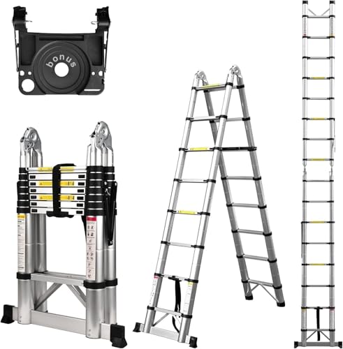 Soctone Telescoping Ladder, 16.5 FT A Frame Compact Aluminum Extension Ladder, Portable Telescopic RV Ladder for Outdoor Camper Trips Motorhome with Tool Platform and Stabilizer Bar, 330 lb