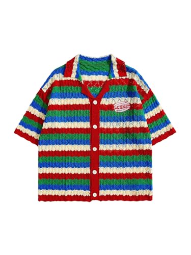 BEAUDRM Men's Colorful Striped Crochet Shirts Vintage Button Down Short Sleeve Knit Casual Vacation Tops Red and Green Medium
