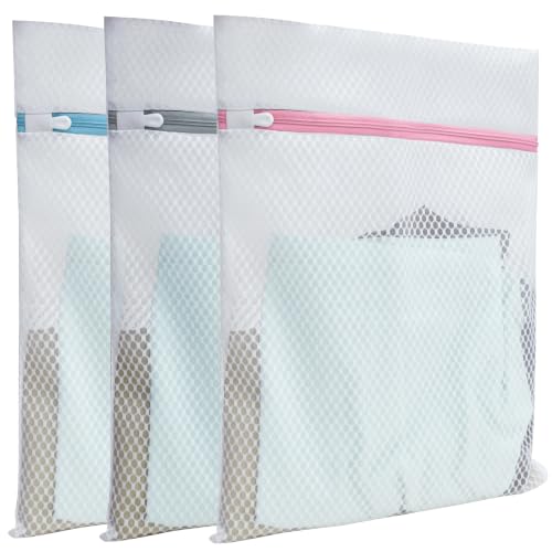 Mesh Laundry Bags for Delicates – 3 Pack (12”×16”) with Color-Coded Zippers, Protects Clothes from Damage, Breathable Honeycomb Mesh, Washer & Dryer Safe bags – Ideal for Bras, Lingerie & Socks