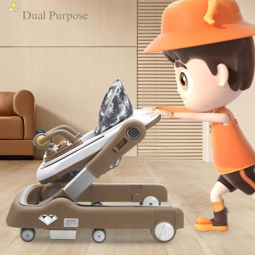 Image of Little Olive Baby Walker for Kids | Foldable & Adjustable Height Walker with Basketball Hoop, Interactive Activity Toy Bar, Comfortable Padded Seat & Smooth Wheels | Baby Walker for Boys & Girls (Brown)