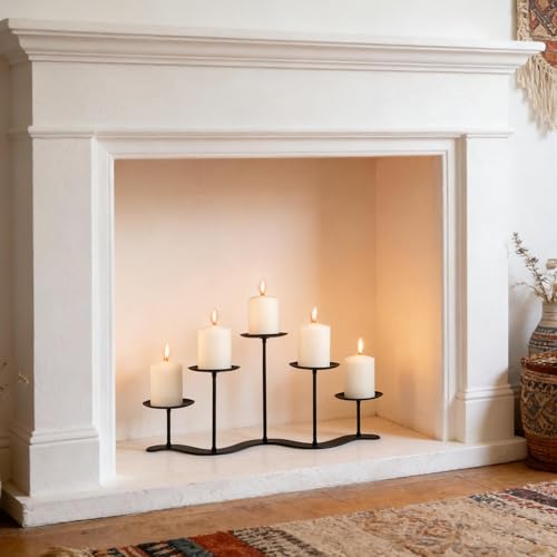 Iron Candle Holder Fireplace: 5 Metal Candelabra Centerpiece Decor - Candle Holder Stand for Candelabra Pillar Candles