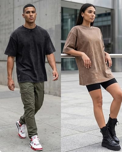 Men's Oversized T-Shirts Heavyweight Cotton, Unisex Vintage Acid Wash Drop Shoulder Baggy Fit Tee Tops - Image 2
