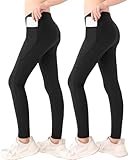 2PCS Girls Sports Leggings with Pockets - Black Activewear Leggings for Kids & Youth Girls (Size 6-8, 7-8, 8-10, 9-10, 9-11, 11-12, 12-13, 13-14 Years)