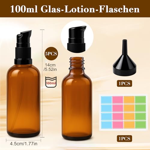 Maxumille 100ml Leer Glasflaschen Braun mit Aufkleber Trichter, 5 Stück Bernsteinfarbene Glas-Lotion-Flaschen mit Pumpspender, Lotionspender Braunglas Flasche mit Pumpe für Ätherisches Öle (5x100ml)