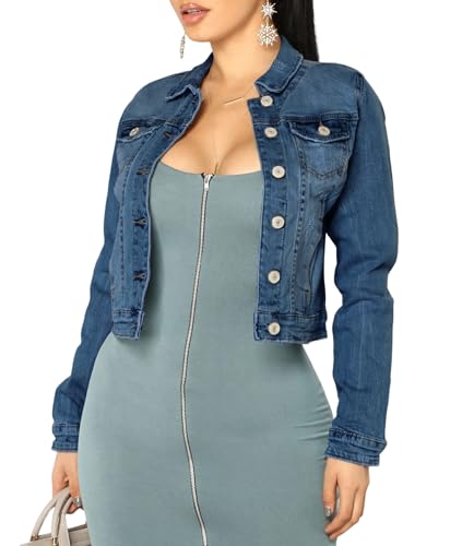 BessCops Women's Jean Jacket Long Sleeve Classic Distressed Fray Hem