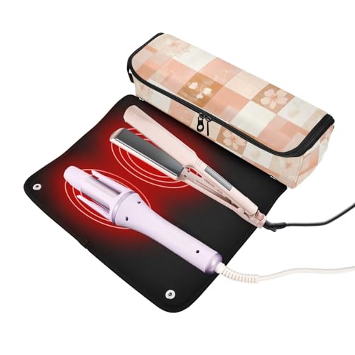 Bolsa de viaje para herramientas de cabello para mujer con tapete resistente al calor, organizador para planchas y accesorios de cuidado del cabello, diseño cuadrado en oro rosa, naranja con flor de cerezo miniatura 2