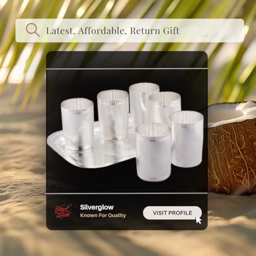 Image of Silverglow Harmony Tray Glass Set | Silver Plated Glass Set of 6 with Tray | Juice, Water, Beverages Serving Set | Tableware Set | Perfect Diwali, Office, Wedding Return Gift Item