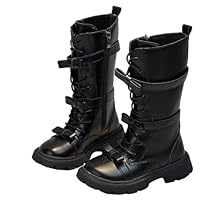 AMhomely Girls Knee High Boots Kids-Lace Up Gothic Boots-Faux Leather Riding Shoes with Double Bucket,No-Slip Platform,Wide Calf,Side Zipper,Bowknot,Winter Shoes for 3-11 Years A Black 8