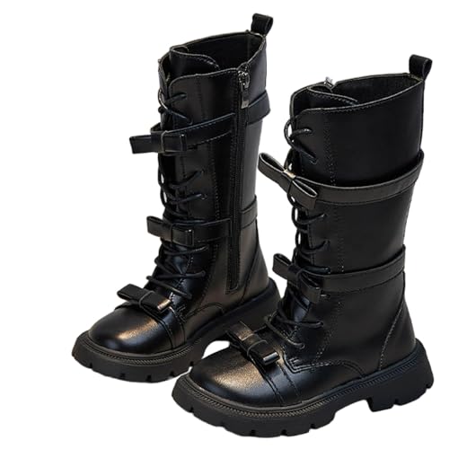 Girls Knee High Boots Fashion Lace-Up Side Zipper Combat Riding Boots Winter Kids Leather Mid Calf Boot Shoes for Toddler