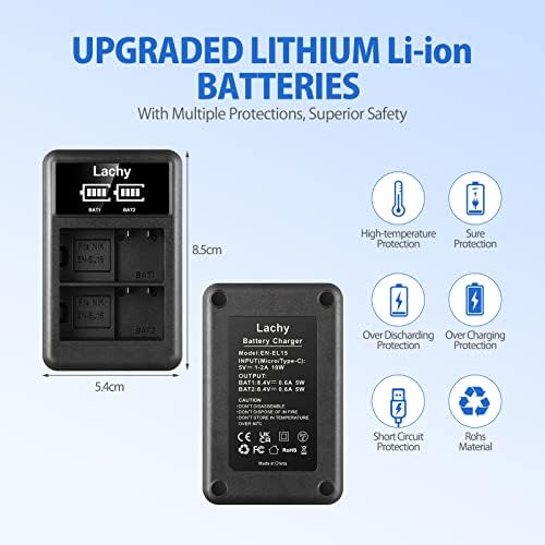 Lachy 2-Pack EN-EL15 Battery Pack 2200mAh and Dual Battery Charger 2200mAh for Nikon Z7, D780, D850, D7500, 1 V1, D500, D600, D610, D750, D800, D800E, D810, D810A, D7000, D7100, D7200 Cameras