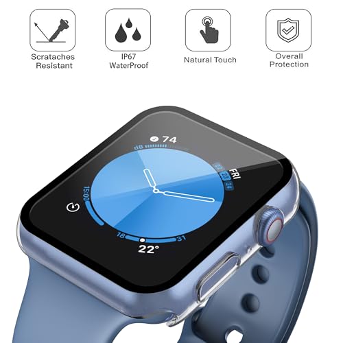 Image of Misxi [2 Pack] Waterproof Case with Button for Apple Watch SE 2 (2024) SE Series 6 Series 5 Series 4 44mm, Anti-Fall PC Cover with Tempered Glass Screen Protector for iWatch, 1 Black + 1 Transparent
