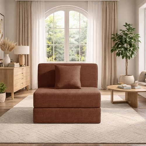 Image of Modern Jute Fabric Sofa Cum Bed with Cushion | 1-Seater Convertible Sleeper Sofa | Space Saving Folding Couch for Living Room, Bedroom & Guest Room-Brown