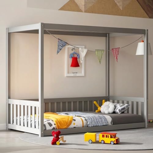 ASKVDL Twin Size Canopy Bed Frame with Guardrails for Kids Bedroom,Floor Bed w/Fence/Near Ground Design/Easy to Assemble for Boy & Girl,No Spring Box Required, Grey