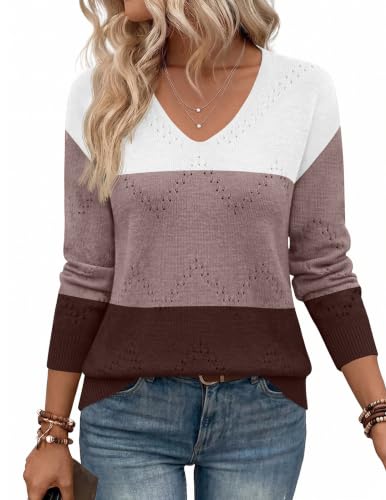 Image of Zeagoo Womens Sweaters Fall Trendy Casual Long Sleeve Shirt Lightweight V Neck Off Shoulder Crochet Pullover Top Outfit