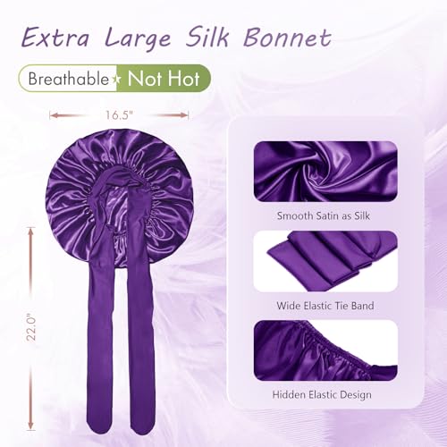 Image of BONNET QUEEN Silk Bonnet for Sleeping Satin Bonnet Women Hair Wrap Night Sleep Cap Scarf Wrap for Curly Hair with Tie Band, Large, Purple