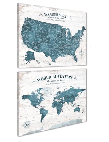 Image of IPIC Vintage Teal World Maps for Wall, World Map Canvas, Size 30x24 in