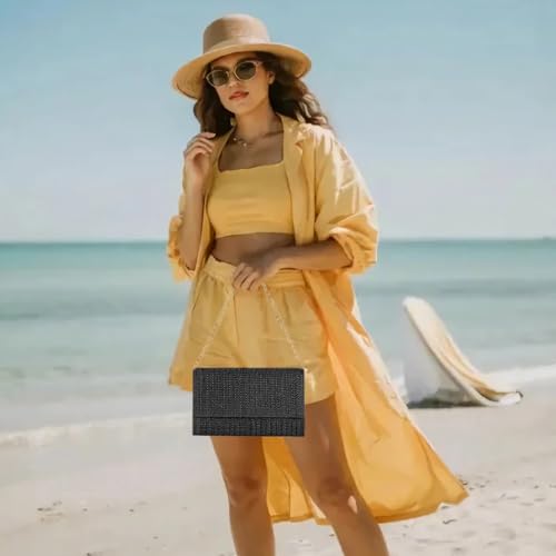 Image of Huralona Women Straw Woven Clutch Purse Pleated Handbag for Summer Beach Vacation Straw Shoulder Crossbody Bag