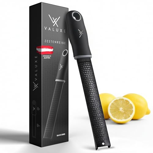 VALUXE® Zester-Reibe spülmaschinenfest - Küchenreibe für Parmesan, Muskatnuss, Ingwer mit scharfer Edelstahl-Klinge schwarz - Zitronenreibe, Käsereibe, Muskatreibe, Parmesanreibe