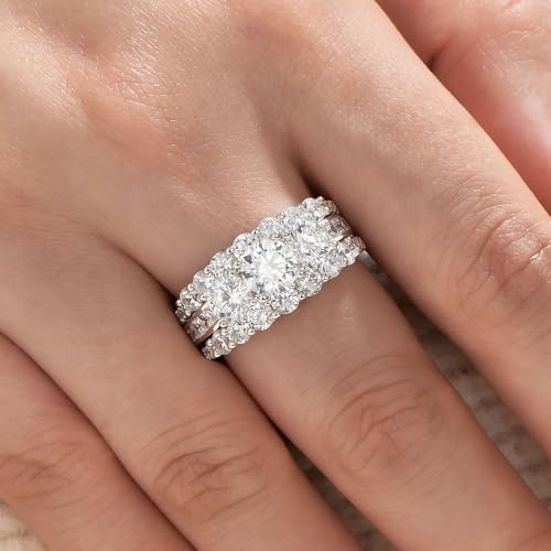 Wuziwen Vintage Three Stone Engagement Rings for Women Sterling Silver Wedding Bridal Sets Round Cut Band Ring Enhancer Cubic Zirconia2