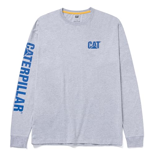 Caterpillar Trademark Banner Long Sleeve Tee Shirts for Men with Center Back Neck Wire Management Loop and Cat Workwear Logo - Heather Grey/Blue XX-Large