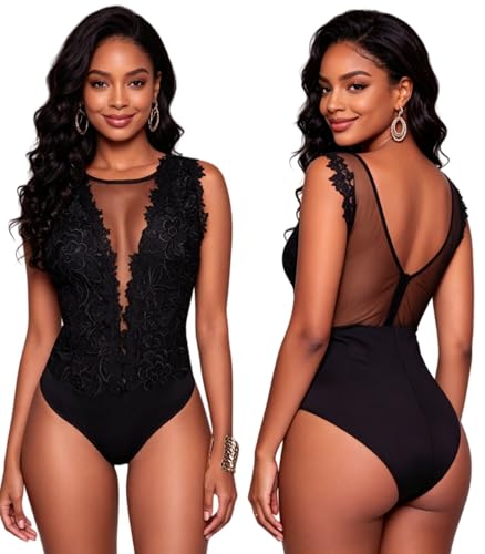 Image of RARITYUS Women Sexy Lace Bodysuit Jumpsuit See Through Mesh Sleeveless /Long Sleeve Tops Swimsuit for Party Outfit