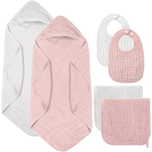 Image of Hahafelt 6 Pcs Muslin Hooded Bath Towels Washcloths and Bibs Set, Muslin Cotton Baby Towels Absorbent Hooded Blanket Towel Infant Bibs for Boys Girls Newborn Infant Essentials(Pink, Light Pink)