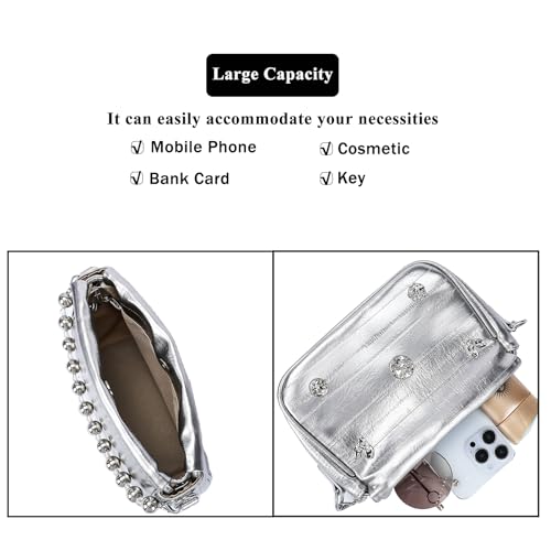 Image of Womens Y2k Sparkly Silver Handbag with Bead Chain, Metallic Clutch Satchel Leather Shoulder Bag Purse for Wedding Party Prom