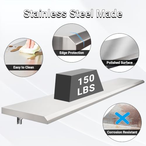 Image of Folding Concession Stand Shelf 18 inch x 72 inch Spliced Style for Kitchen | Stainless Steel Drop Down Serving Food Shelf, Easy to Clean & Space-Saving Concession Shelves for Garage, Food Cart