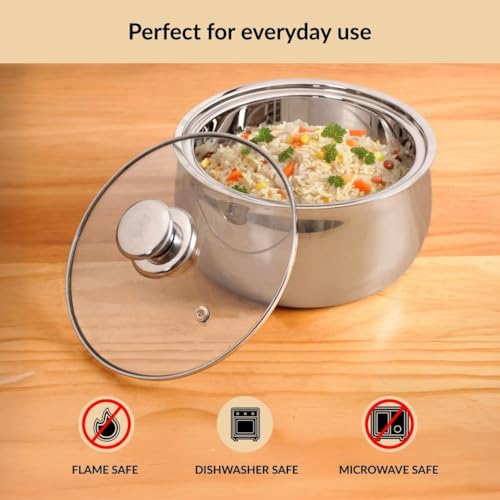 Image of Nestasia Stainless Steel Insulated Casserole with Glass Lid (2000 ml) - 100% Food Safe Casserole for Roti Hot Case with Air Vent Lid - Keeps Food Hot & Cold | Rust Resistant & BPA - Free