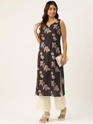 Image of feranoid Women's Pure Cotton Floral Print Straight Kurti | Elegant Curved V-Neck | Sleeveless Calf-Length Ethnic Wear | Comfortable Regular Fit | Sizes XS-XXL